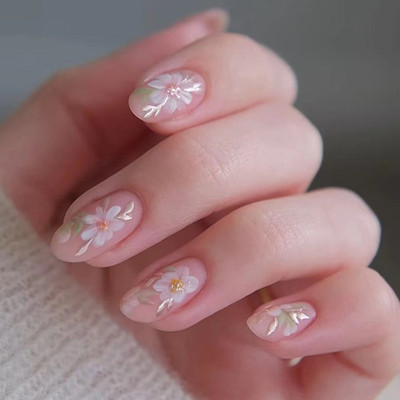 kyiesh KYEISH Reusable Designer Peach Floral Printed Press on Nails Peach(Pack of 24)