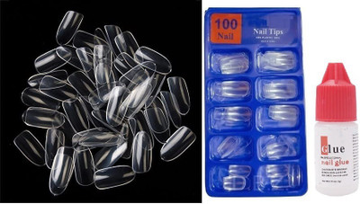 AMOSFIA Fake Nails Square Shaped Acrylic Nails 100PCS With Free Glue TRANSPARENT(Pack of 100)
