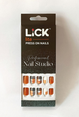 Lick - Press on Nails fake nails_Nail Press-n1_618 Burnt Brown With Checkered And Geometric Print(Pack of 30)