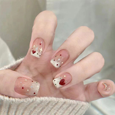 KILLFE Artificial Reusable Nails 24Pcs peach color red heart multicolor doit Parten Multicolor(Pack of 24)