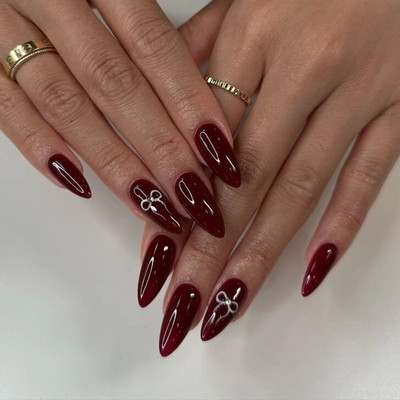 NAKHI Reusable Artificial Fake Nail Set |Base maroon colour with White Bow Design maroon(Pack of 24)