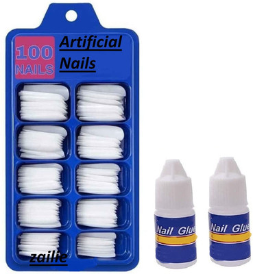 Zailie Artificial Nails With Pack Of2 glue (White)(100 Pc.) white(Pack of 100)