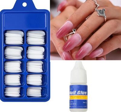 Facejewel 100 Pcs Reusable Artificial Nail With glue TRANSPARENT(Pack of 100)