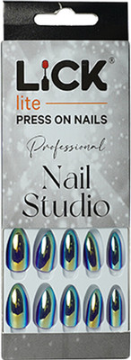 Lick - Press on Nails 14 Pcs Silver Reusable Chromatic Fake/False _ Extension With Application Kit-934 Chromatic Silver Stiletto(Pack of 14)