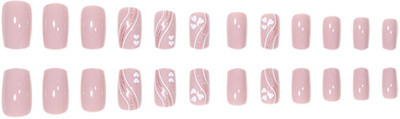SECRET LIVES Glossy Artificial Soft Square shape Fake False Press On Nails Lavendar Pink color with White Heart Pink Glitter 24 pieces with Kit(Pack of 24)