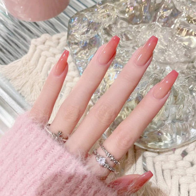 The Pink Truck Set of 24 Artificial reusable Nails in Tomato with Ombre Design with glue Red, Natural, Ombre(Pack of 24)