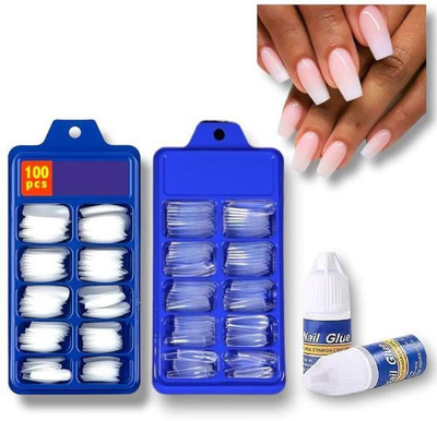 Morbee Artificial Nail Kit with Glue – 200 Tips (White & Transparent) | M_AN_2_02 White & Transparent(Pack of 100)