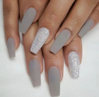 BOZLIN Reusable False Artificial Press on Nails Grey Colour with Glue & Glitter Grey(Pack of 12)