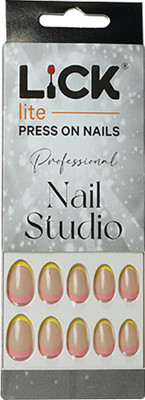 Lick - Press on Nails 24 Pcs Classic French Manicure Reusable Press on Nails With Application Kit-573 Oval Shaped Pastel Pink With Hints of Yellow(Pack of 24)