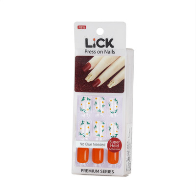 Lick - Press on Nails 12 Pcs Orange Glossy French Manicure Reusable False/Artificial Acrylic Nails-695 Square Shape Tangerine Orange And White Base With Floral Detailing(Pack of 12)
