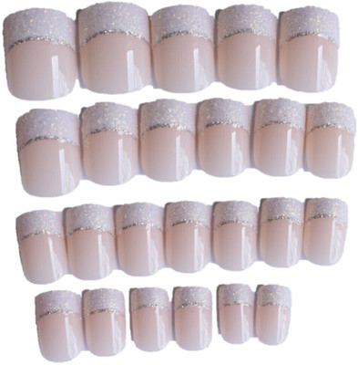 BUZIVENTURES 24PC/SET BEAUTIFUL DESIGNER FRENCH ARTIFICIAL REUSABLE NAILS WITH NAIL GLUE NATURAL FINISH(Pack of 24)