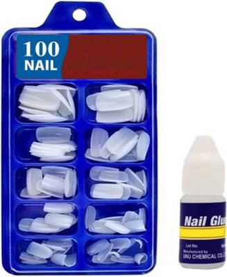 kHUDAt WA Reusable Acrylic False Nails WHITE (Pack of 100) With Glue 3gm White(Pack of 100)