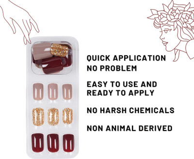 Lick - Press on Nails Maroon Square Shape Artificial/Fake Reusable Stick on Nails With Application Kit Dark Maroon, Mauve And Golden Glittered(Pack of 12)
