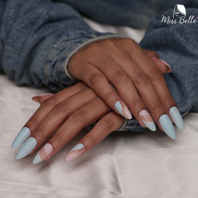 MISSBELLE Chill Vibe Press On Nails for Women | Reusable Nails with Pre & Post Care Kit Baby Blue and Soft Pink with Abstract White Design(Pack of 24)