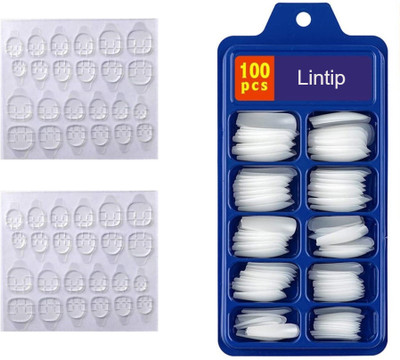 lintip 100pc Artificial False Nails with 2 sheet Double Sided Nail Glue Sticker White(Pack of 100)