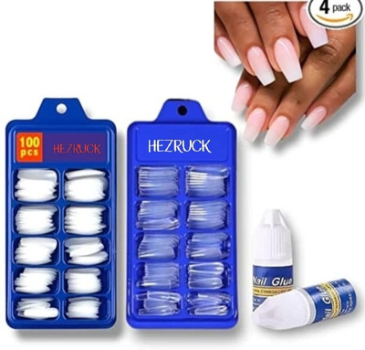 Hezruck 100 Pcs Transparent & White Artificial Nails with Nail Glue Transparent(Pack of 100)
