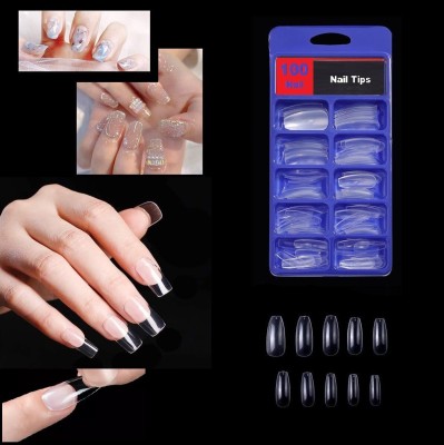 FELICECHIARA Fake Acrylic Nail Tips Transparent 100 Pcs With glue Free TRANSPARENT TRANSPARENT(Pack of 100)