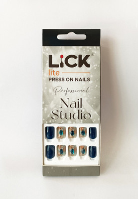 Lick - Press on Nails Artificial/False Nail Art with Application Kit Navy Blue With Emerald Green Navy Blue With Emerald Green Studs(Pack of 30)