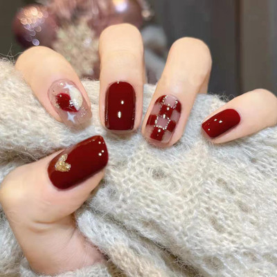 The Pink Truck Set of 24 Artificial Reusable Nails in Red Golden Design with Glue Red, Golden(Pack of 24)