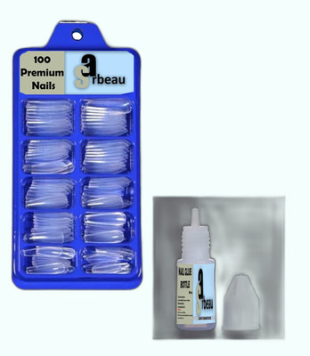 Sarbeau 200-Pcs Artificial Nails Set - 100 White & 100 Transparent and 2 Nail Glue_C_049 Transparent(Pack of 100)