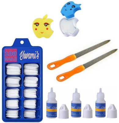 Yuvami's 100 Artificial Fake Nails WIth 3 Nail Glue 2 Filer 2 Wipes off white(Pack of 100)
