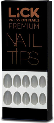 Lick - Press on Nails Grey Oval Shape Artificial/Fake Reusable Acrylic Nails With Application Kit-916 Glossy Greige(Pack of 12)