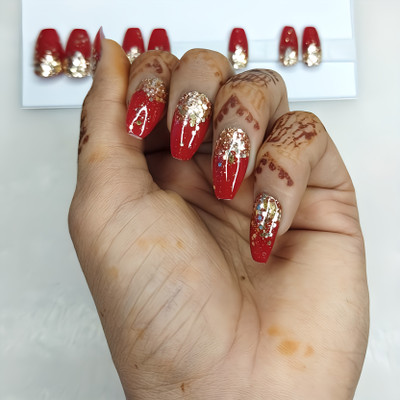 Shhagan Red Glitter Ombre Designer Artificial Press-on-Nails with Glue 718 Multicolor(Pack of 12)