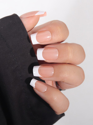 SECRET LIVES Glossy Artificial Translucent Fake False Press on Nails Peach Color with White Tips French Designer 24 pieces Set with Kit(Pack of 24)