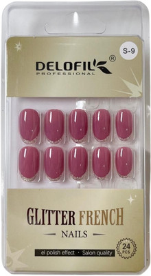 DELOFIL PROFESSIONAL Glitter French Tip Press-On Nails – 24PCS Gel Polish Look Mauve/Rose Pink with glitter French tip(Pack of 24)