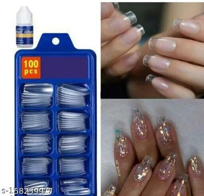 MINGXIA Transparent False Nails With Nail Glue Transparent(Pack of 100)