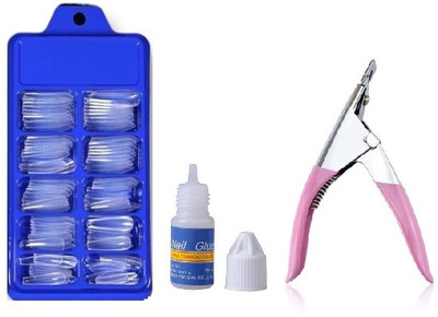 Lusty soul Artificial Transparent 100 Nails With Glue And Nail Tip Clipper Edge Cutter Transparent(Pack of 100)