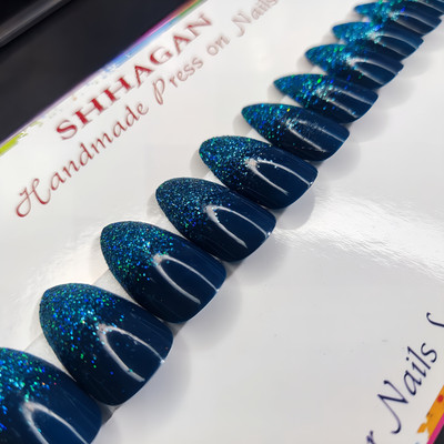 Shhagan Prussian Blue Glitter Ombre Designer Artificial Press-on-Nails with Glue 676 Multicolor(Pack of 12)