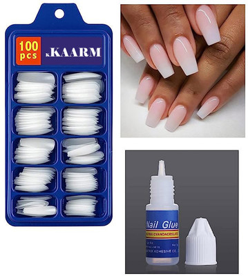 kaarm 2 Artificial Nails Set Acrylic false Nails Set Of 100 Pcs With Nail Glue white(Pack of 100)