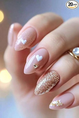 Avsar Stick-On Nails | Pink Hearts & Glitter Design | Easy Press-On Artificial Nails Pink(Pack of 20)