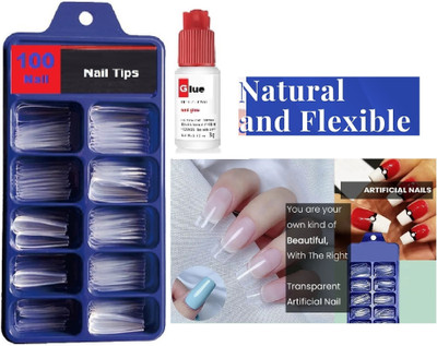 FELICECHIARA New Style 100 Pcs Best Transparent Fake Artificial Nails With Fast Glue TRANSPARENT(Pack of 100)