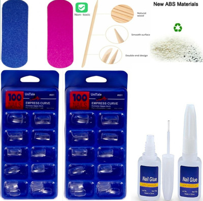 UniTale 200 Pcs Best Transparent Fake Nails Extension 2 Filer 1Cuticle Pusher 1Glue Transparent(Pack of 200)