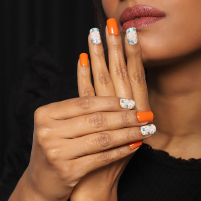 Lick - Press on Nails Artificial NailsSet Glossy Orange Square Shape Tangerine Orange And White Base With Floral Detailing(Pack of 30)