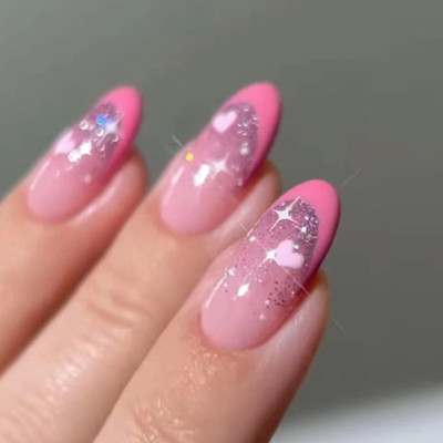 kyiesh KYEISH Reusable Designer Glittery Pink Heart Printed Press on Nails Pink(Pack of 24)