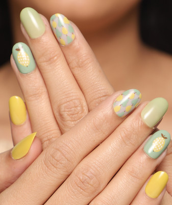 Lick - Press on Nails 30 Pcs Artificial Reusable French Manicure Stick on _ With Application Kit-939 Oval Shape Yellow and Green Shade With Summer Prints(Pack of 30)