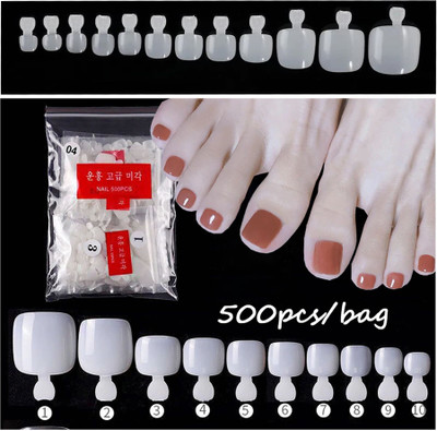 LikeUp Best Quality 500 Tips Set Nail Art Toe Decoration Full Cover False Toe Nail Tips Clear white(Pack of 500)