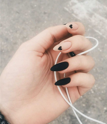 GIRISA Elegant Short Almond Nails Matte Black With Hearts, Free Glue Kit Black(Pack of 14)