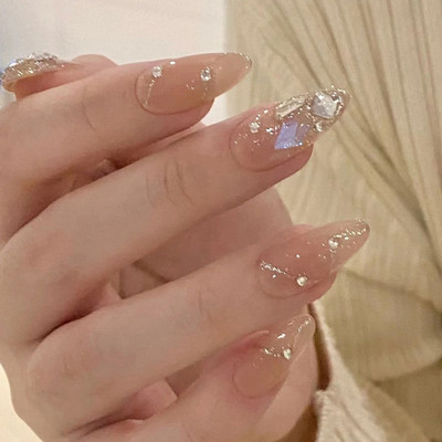 KILLFE Artificial Reusable Nails 24Pcs Set peach color crystal decor Parten. Multicolor(Pack of 24)