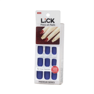 Lick - Press on Nails Matte Blue Reusable Stick on Artificial Square Shape _ With Application Kit-986 Navy Blue(Pack of 12)