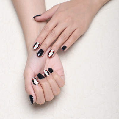 Lick - Press on Nails Artificial NailsSet Glossy Black Black And White With Golden Line(Pack of 30)