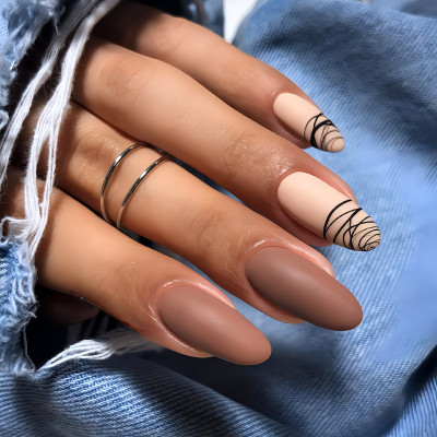 Shhagan Designer High Quality Press on nails-687 Matte Brown, Black(Pack of 12)