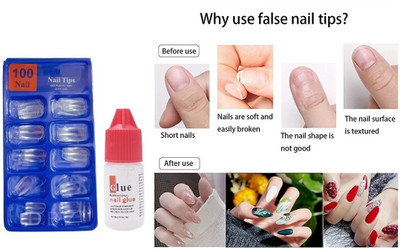 FELICECHIARA ARTIFICIAL FAKE NAILS 100 PCS WITH FREE GLUE TRANSPARENT(Pack of 100)