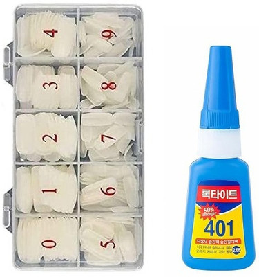 MISS EVER 500 Pcs Acrylic Nail Tips, Fake Nails Artificial With 401 Nail Glue White(Pack of 500)