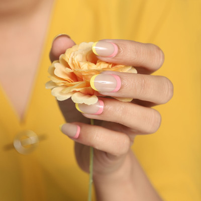 Lick - Press on Nails 24 Pcs Classic French Manicure Reusable Press on Nails With Application Kit Oval Shaped Pastel Pink With Hints of Yellow(Pack of 24)
