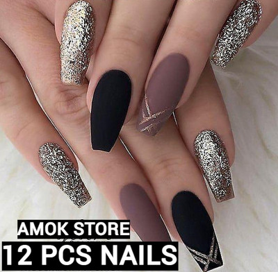 AMOK STORE shinny nail set handmade design artificial nail tip154 MULTICOLOR(Pack of 12)
