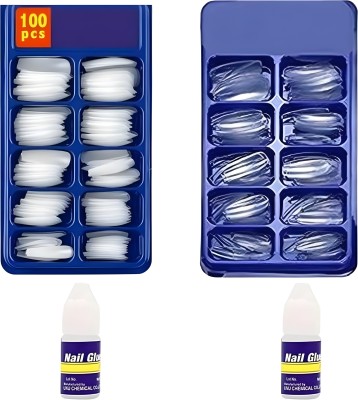 Plusbeauty 100 pc White Nail, 100 pc Transparent and 2 Glue Transparent And Artificial White, Transparent(Pack of 200)